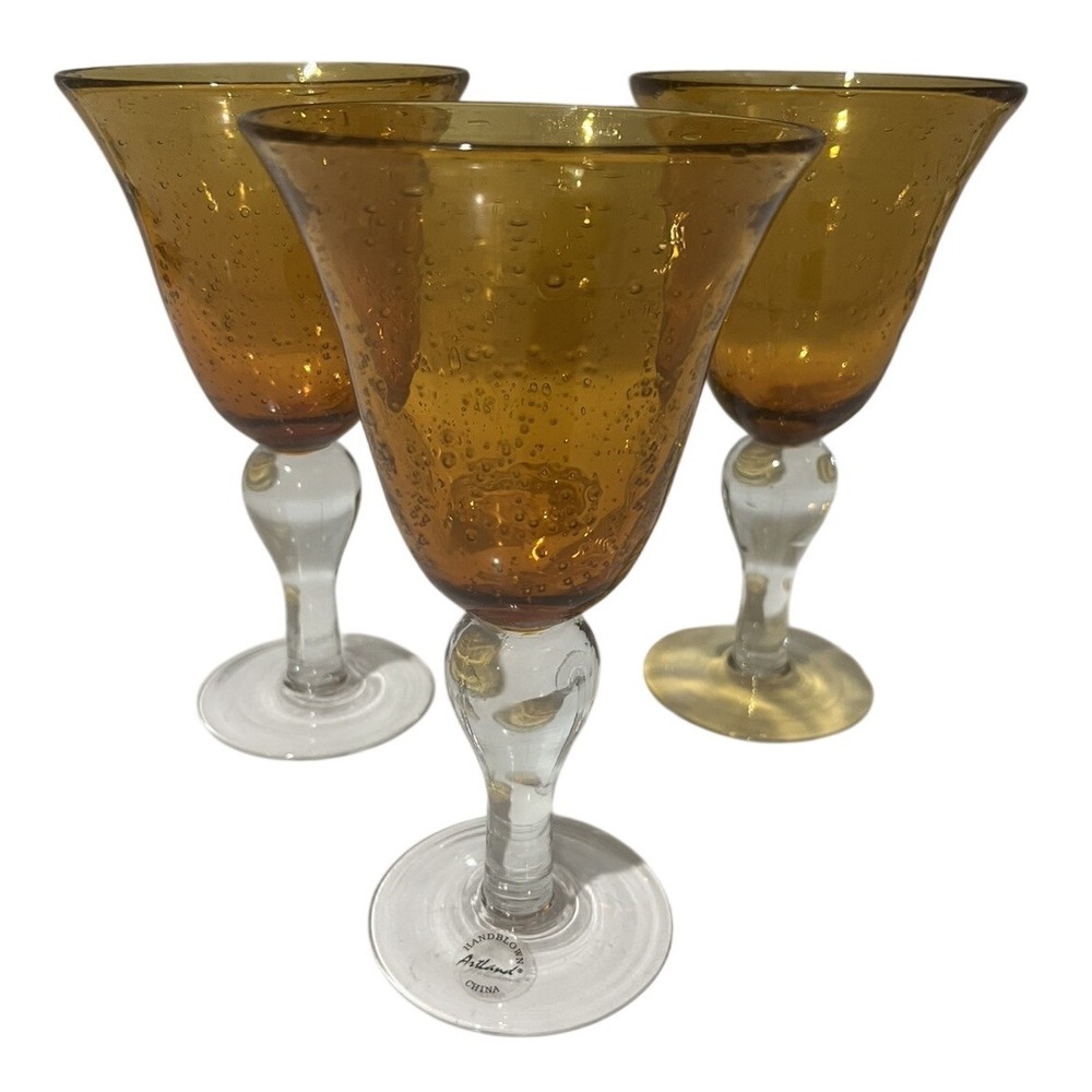 ARTLAND 60's-70's Amber Iris Bubbles Hand Blown Water Goblets Wine Glasses‎ 8"